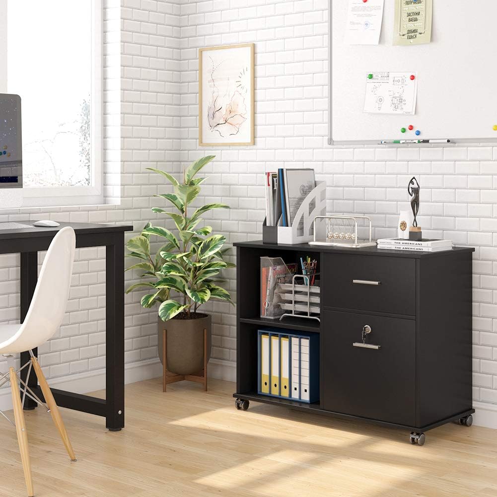 2 Drawer Mobile File Cabinet with Lock and Open Shelves X7074