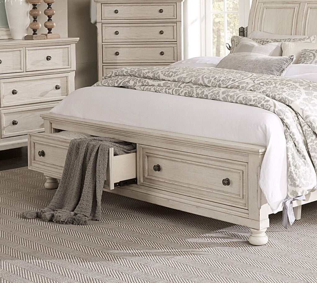 White Queen Size Platform Storage Bed Nightstands Dresser Mirror 6pc Set O8659