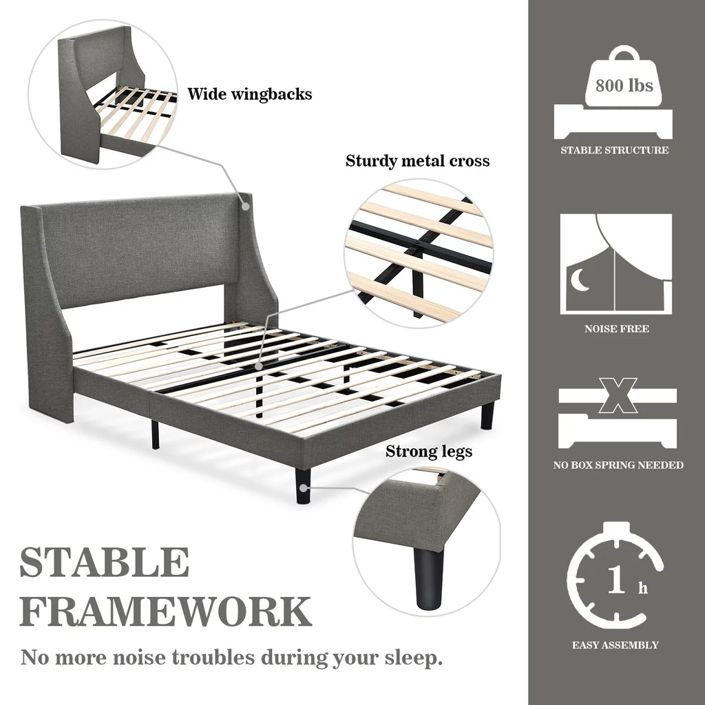 Full Size Fabric Upholstered Platform Bed Frame with Wingback Headboard, Light Grey D7122
