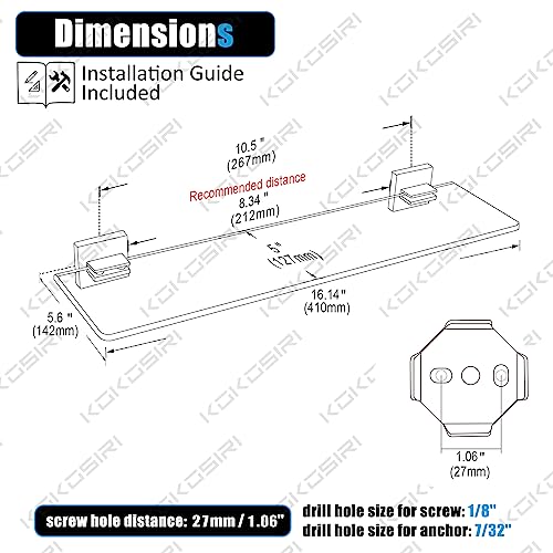 16'' x 5.6'' Tempered Glass Wall Mounted Shelf P8558