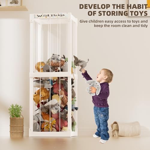 White Wooden Stuffed Animal Storage Cage with Elastic Rope R72880