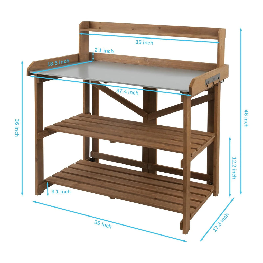 Folding Potting Bench Table with Galvanized Tabletop 2 Tier Storage Shelves B334371