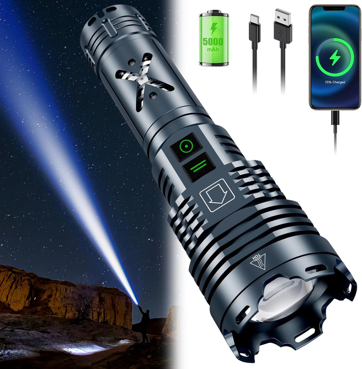 Rechargeable LED Tactical Flashlight, 2500000 Lumens, Waterproof, Zoomable H8468