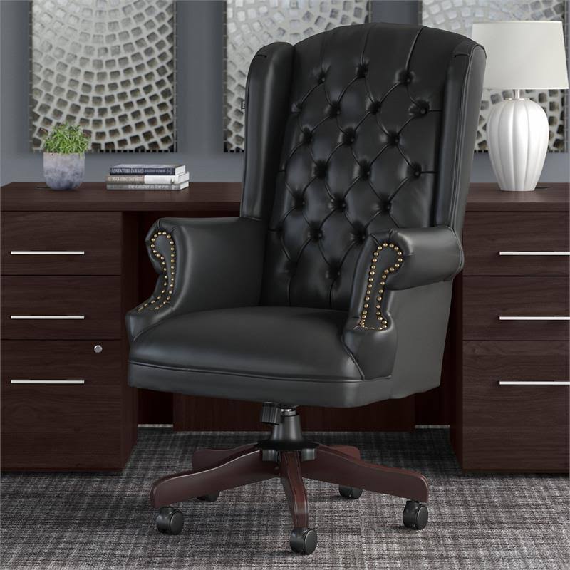 Black Leather Executive Office Chair with Nailhead Trim J53094