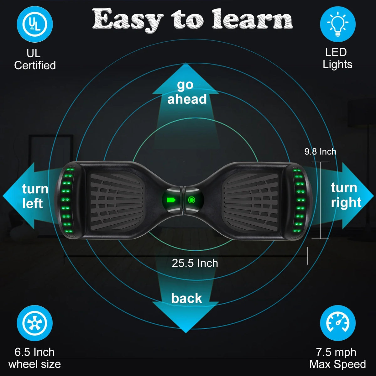6.5 In. All Terrain Self Balancing Hoverboard with Bluetooth Speaker and LED Lights, Black Gray M1621