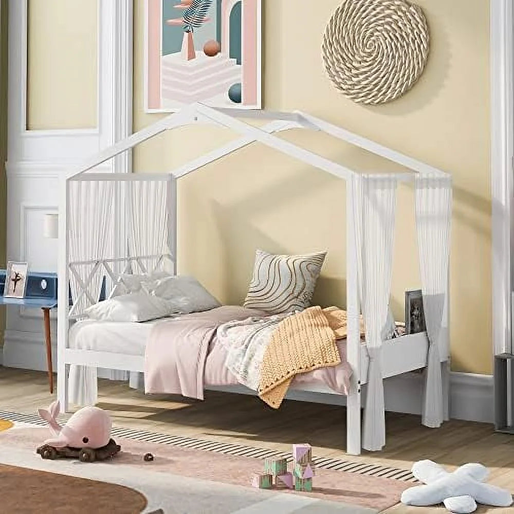 Twin Size Wood House Bed with Desk and Roof J605