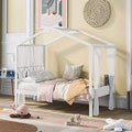 Twin Size Wood House Bed with Desk and Roof J605