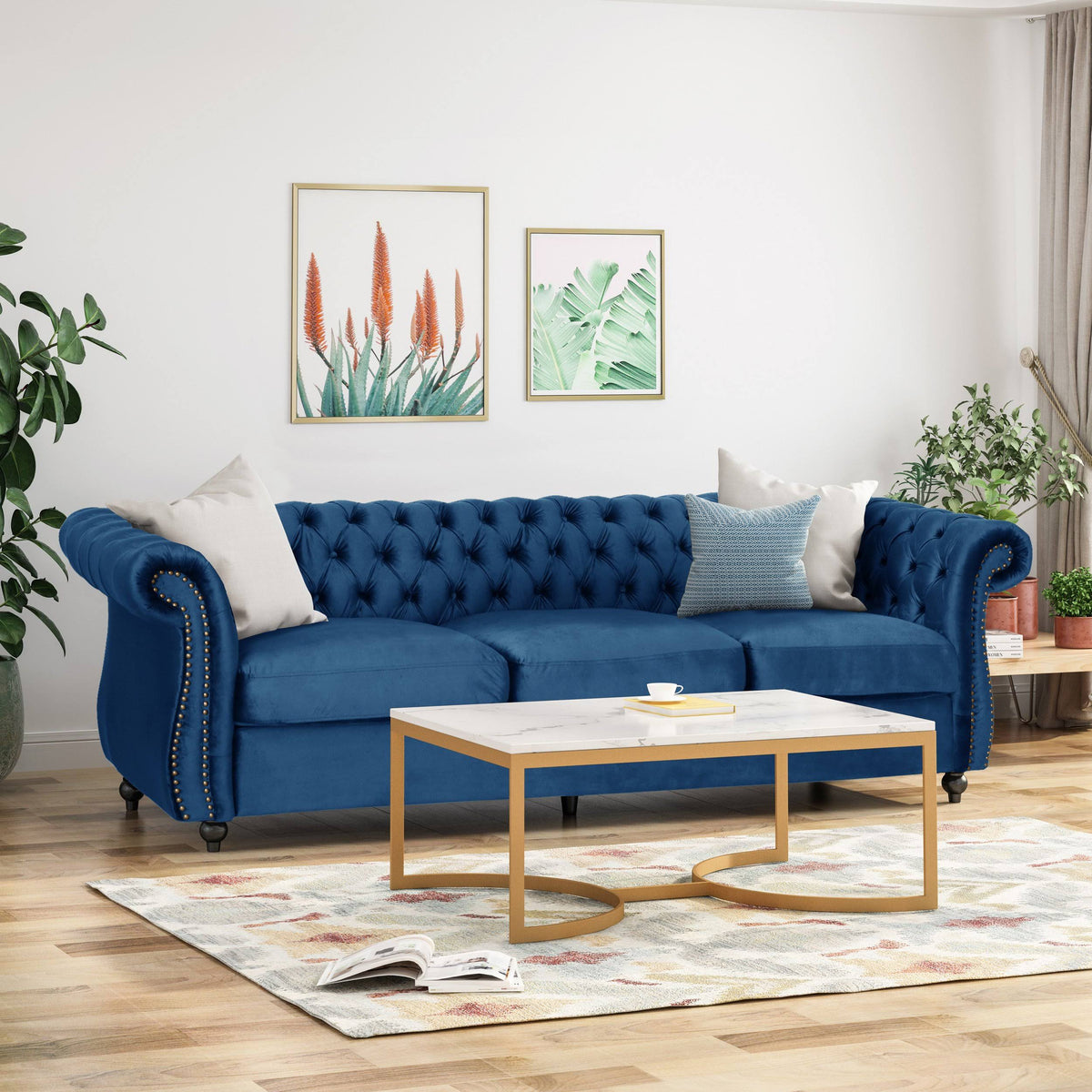 Navy Blue Tufted Microfiber Sofa with Scroll Arms S431922