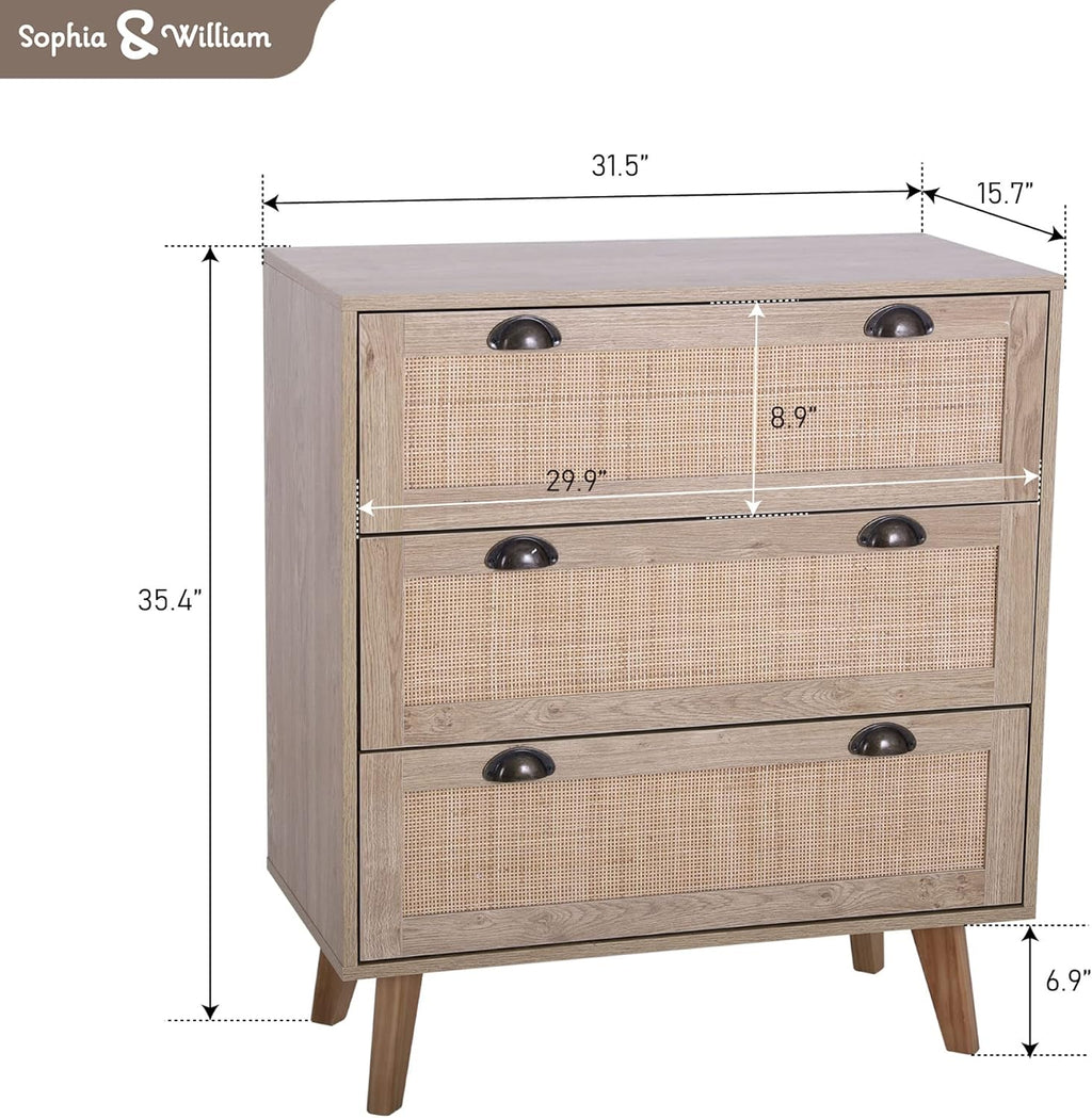 3 Drawer Rattan Storage Cabinet with Pine Wood Legs Y243