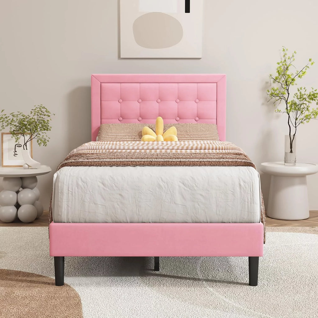 Pink Velvet Upholstered Platform Bed Frame Twin Size K100