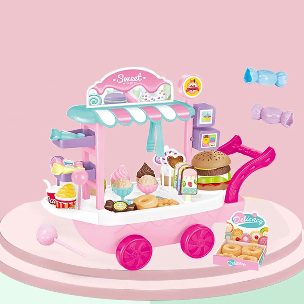 Ice Cream Cart 36pcs Pretend Play Kitchen Toy Set With Umbrella Food Dishes X670485