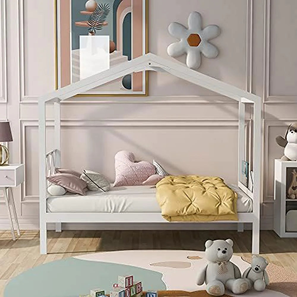 Twin Size Wood House Bed with Desk and Roof J605