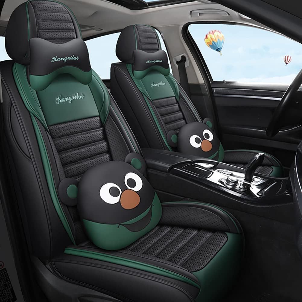Cartoon Bears 5-Seater Full Leather Waterproof Car Seat Cover Set (Black-Green) M953