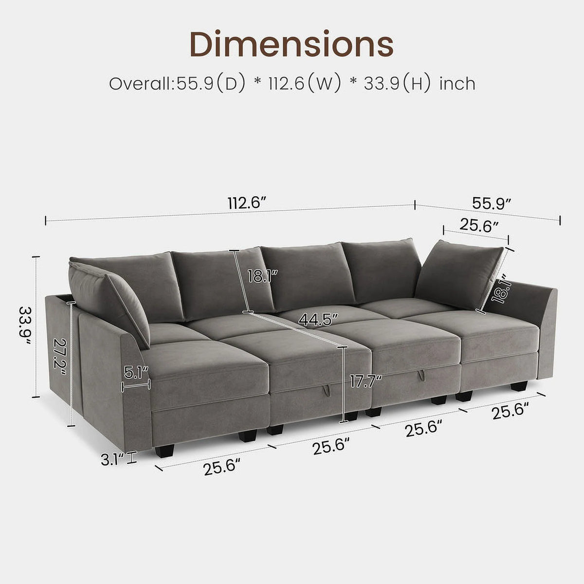 Pearl Grey Convertible Sleeper Sofa with Storage U7239