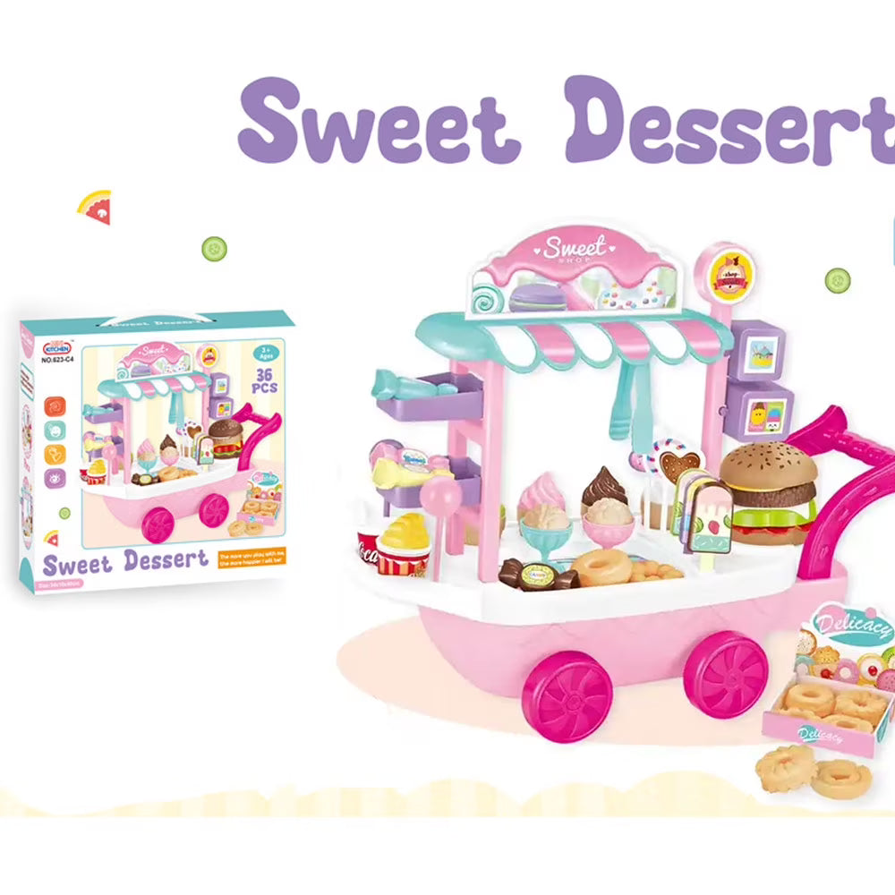 Ice Cream Cart 36pcs Pretend Play Kitchen Toy Set With Umbrella Food Dishes X670485