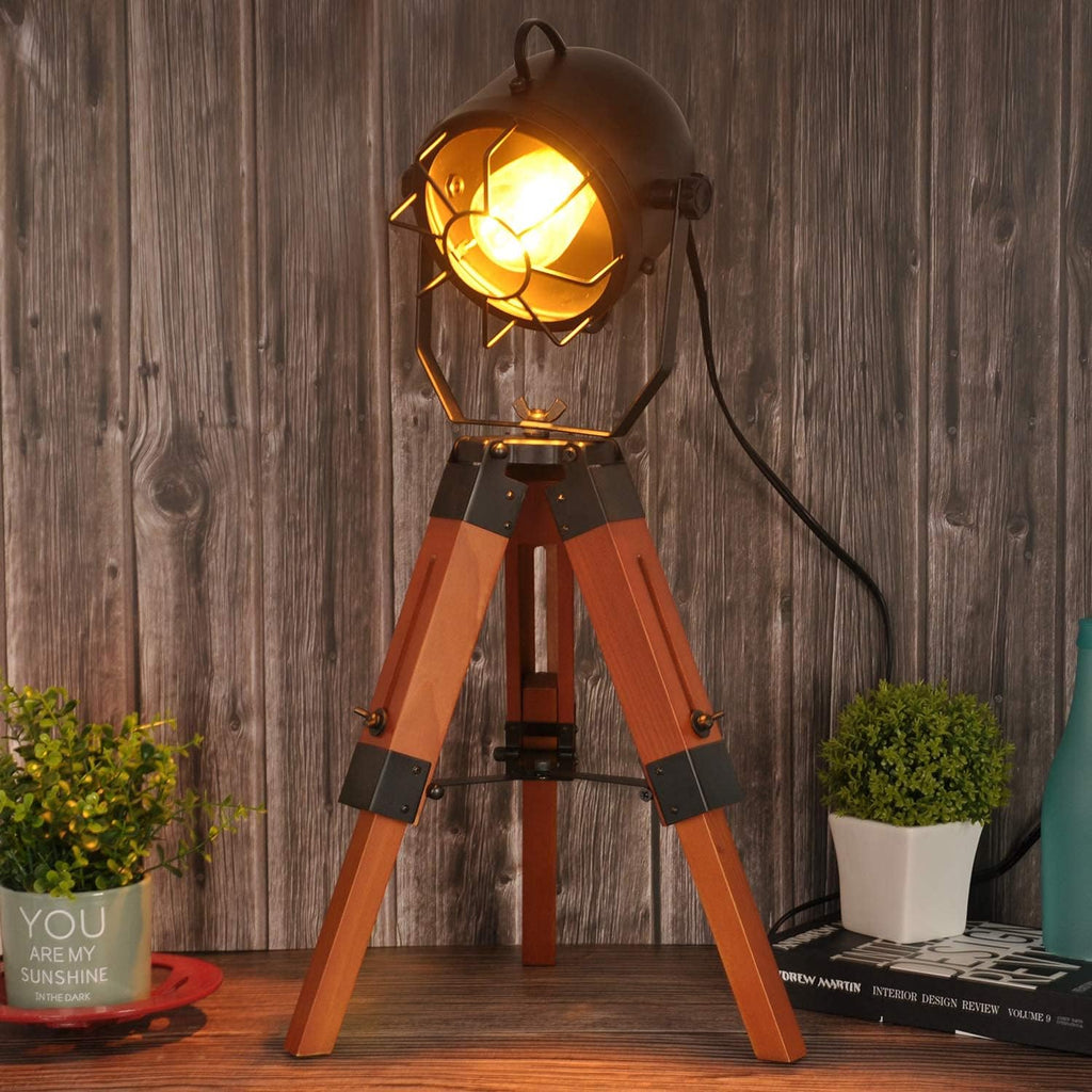 Vintage Adjustable Wood Tripod Floor Lamp with Black Cage Lampshade I94940