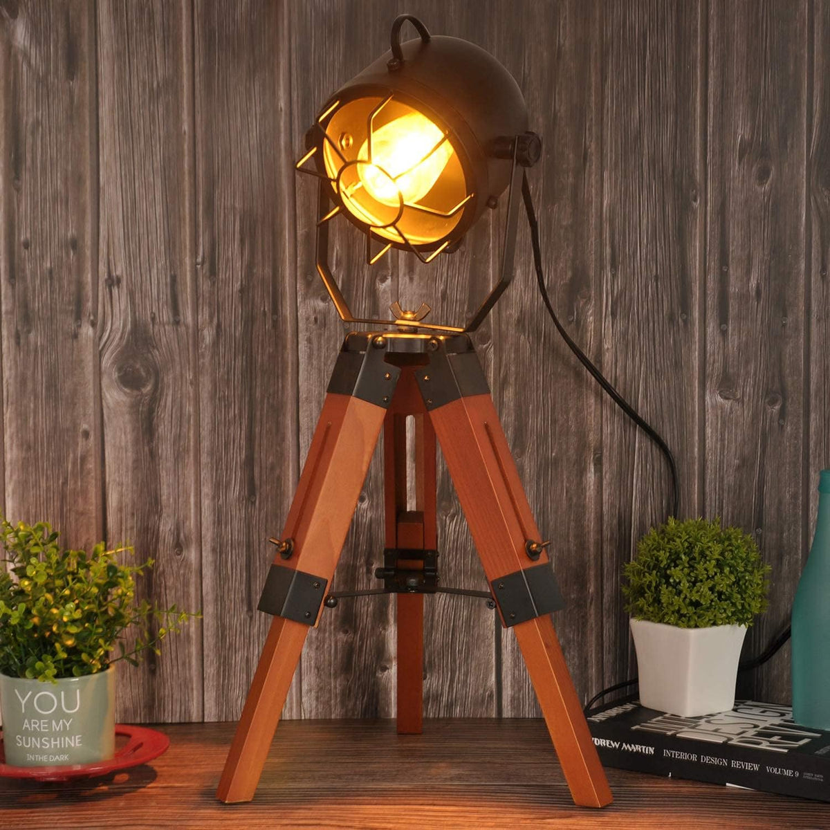 Vintage Adjustable Wood Tripod Floor Lamp with Black Cage Lampshade I94940