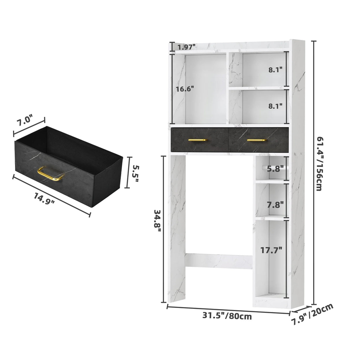 White Over The Toilet Storage Cabinet with Drawers and Adjustable Shelf I596