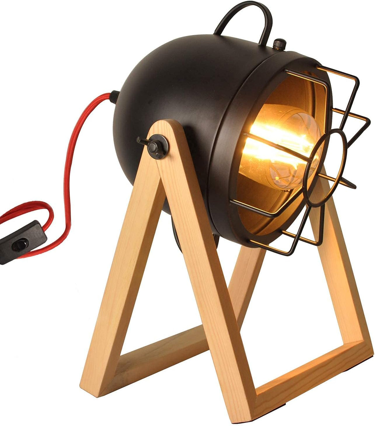 Vintage Adjustable Wood Tripod Floor Lamp with Black Cage Lampshade I94940