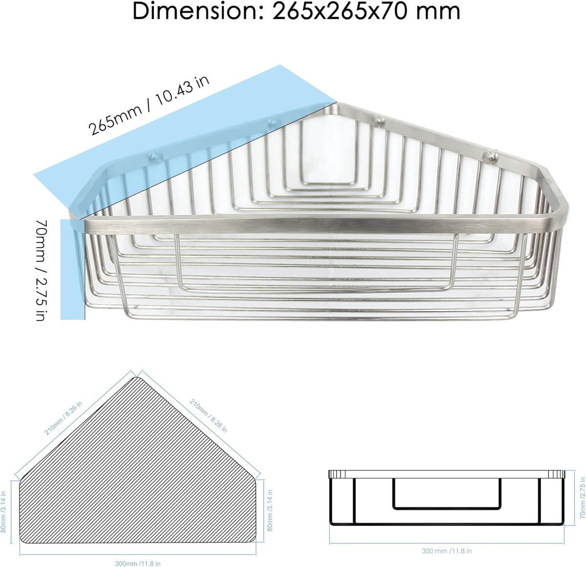 Brushed Nickel SUS304 Stainless Steel Corner Shower Caddy Basket P80688
