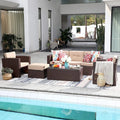 7 Piece PE Wicker Sofa Ottoman with 3 Red Pillows G886278