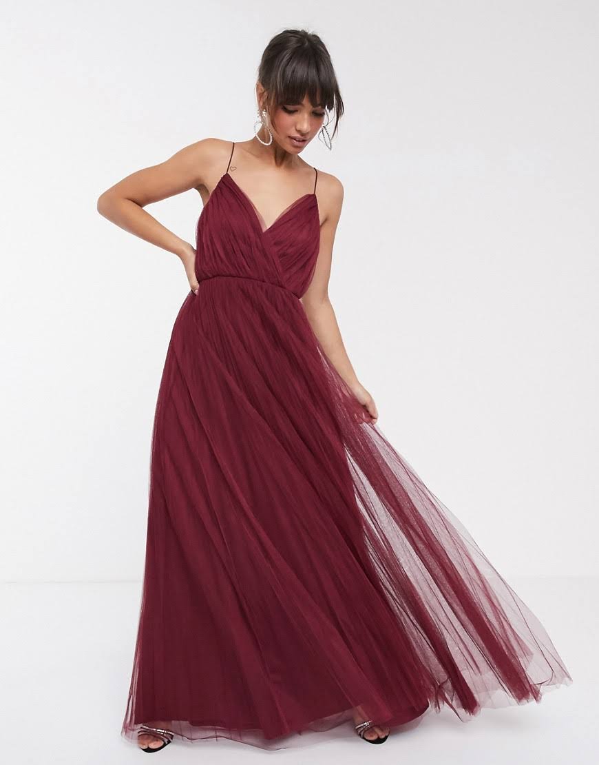 Oxblood-Red Pleated Tulle Maxi Dress Q178