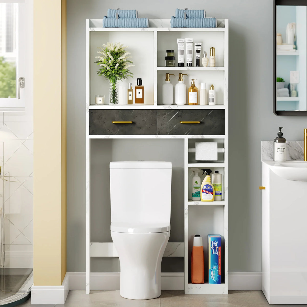 White Over The Toilet Storage Cabinet with Drawers and Adjustable Shelf I596