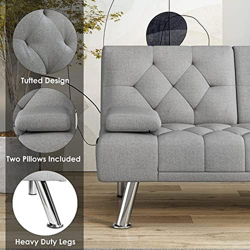 Dark Grey Upholstered Convertible Futon Sofa Bed with Removable Armrests D685