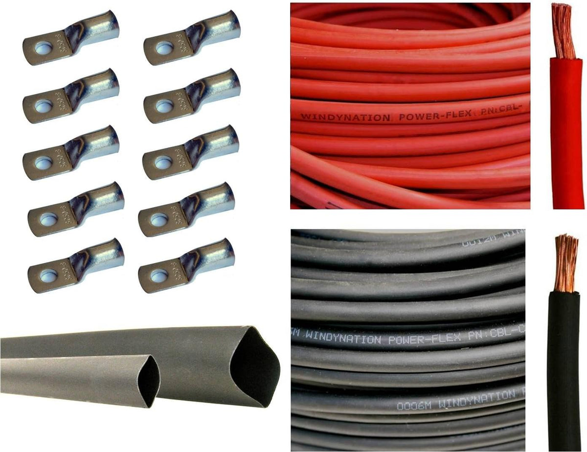 4/0 AWG 10 Feet Red + 10 Feet Black Pure Copper Flexible Cable + 10pcs 3/8" Tinned Copper Cable Lug Terminal Connectors + 3 Feet Black Heat Shrink Tubing Z756348