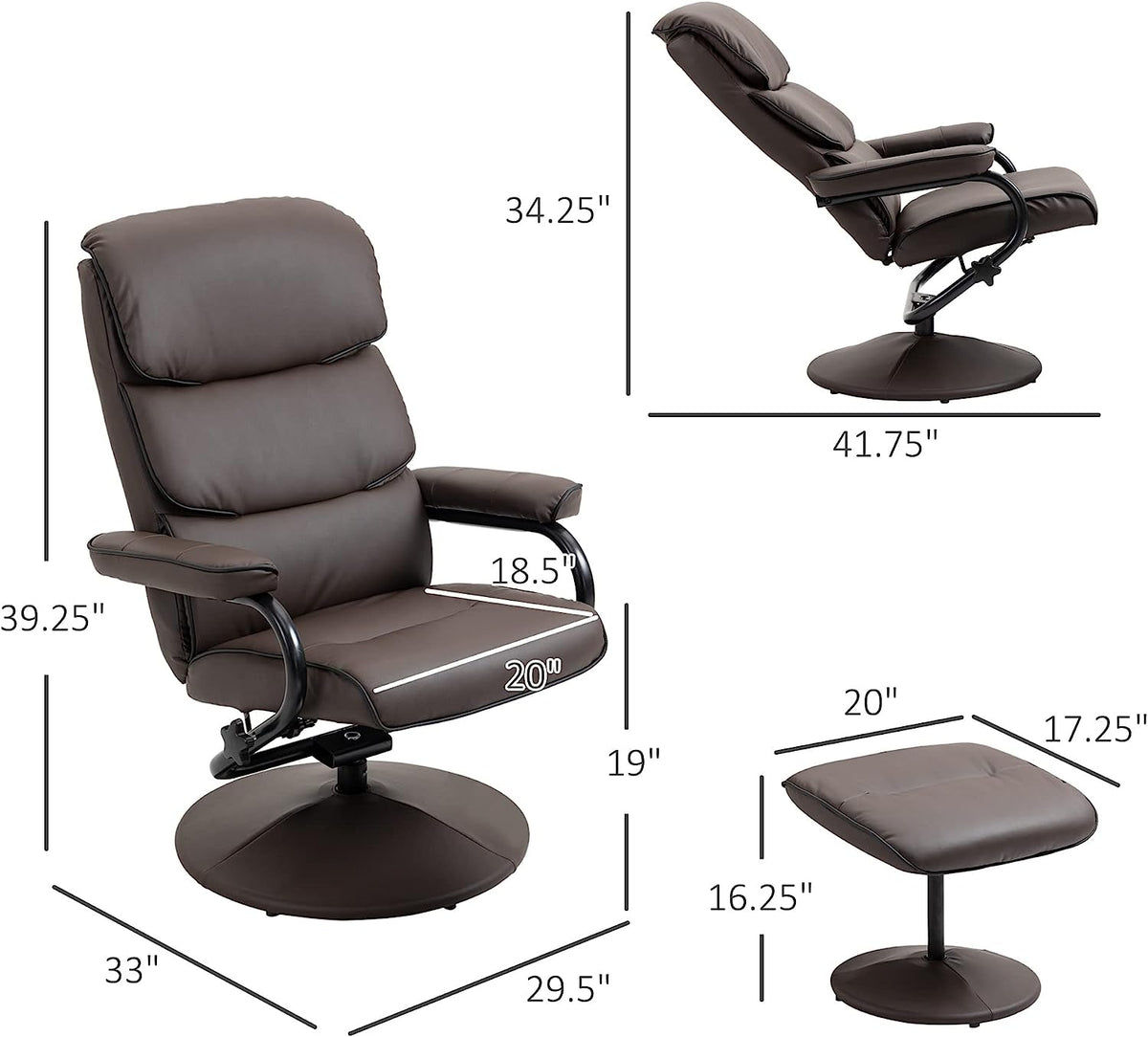 Brown PU Leather Swivel Recliner Chair with Ottoman W54618