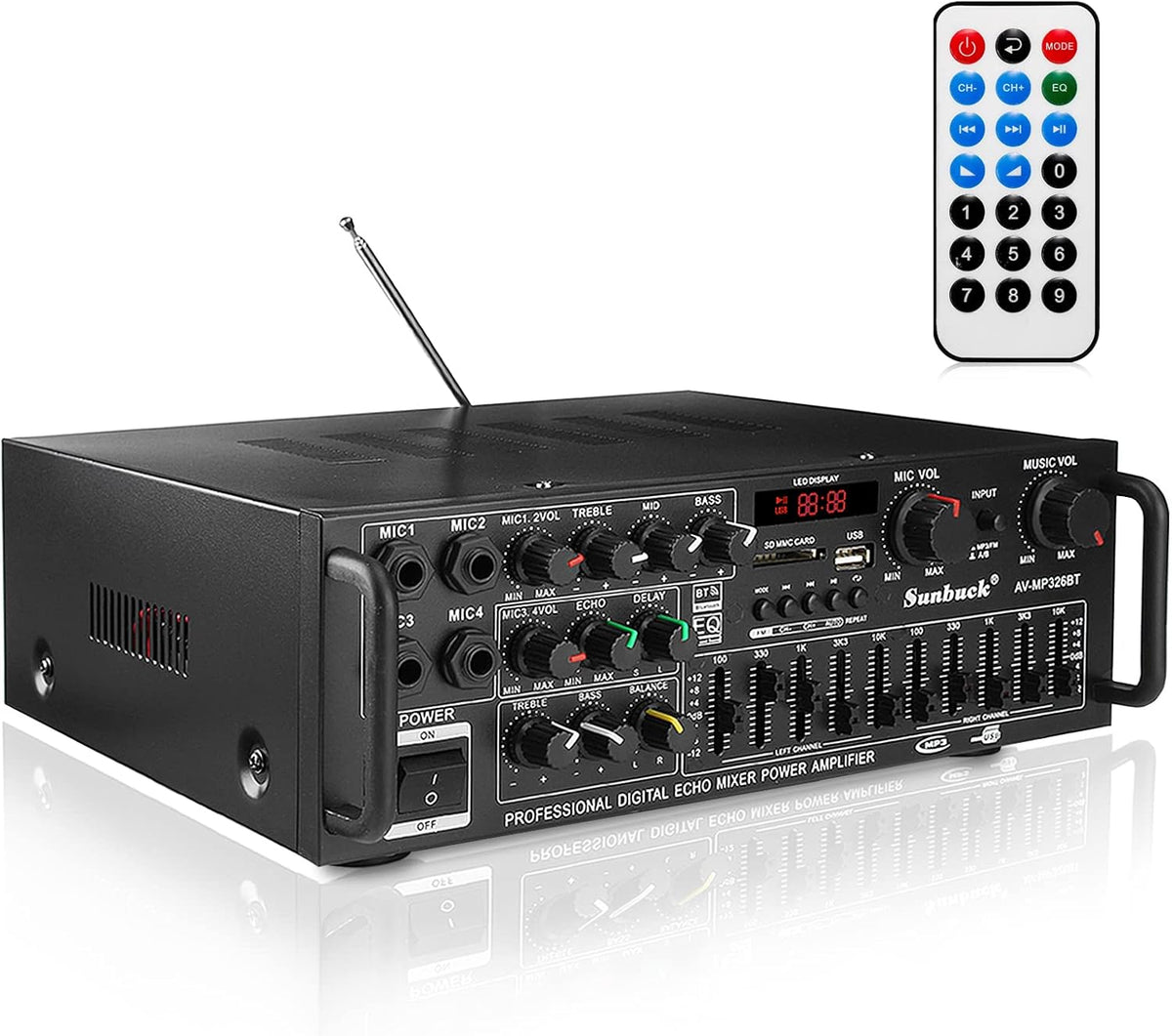 Bluetooth Stereo Power Amplifier with FM Radio, MP3/USB/SD, 2 Mic in Echo, RCA, LED O13512