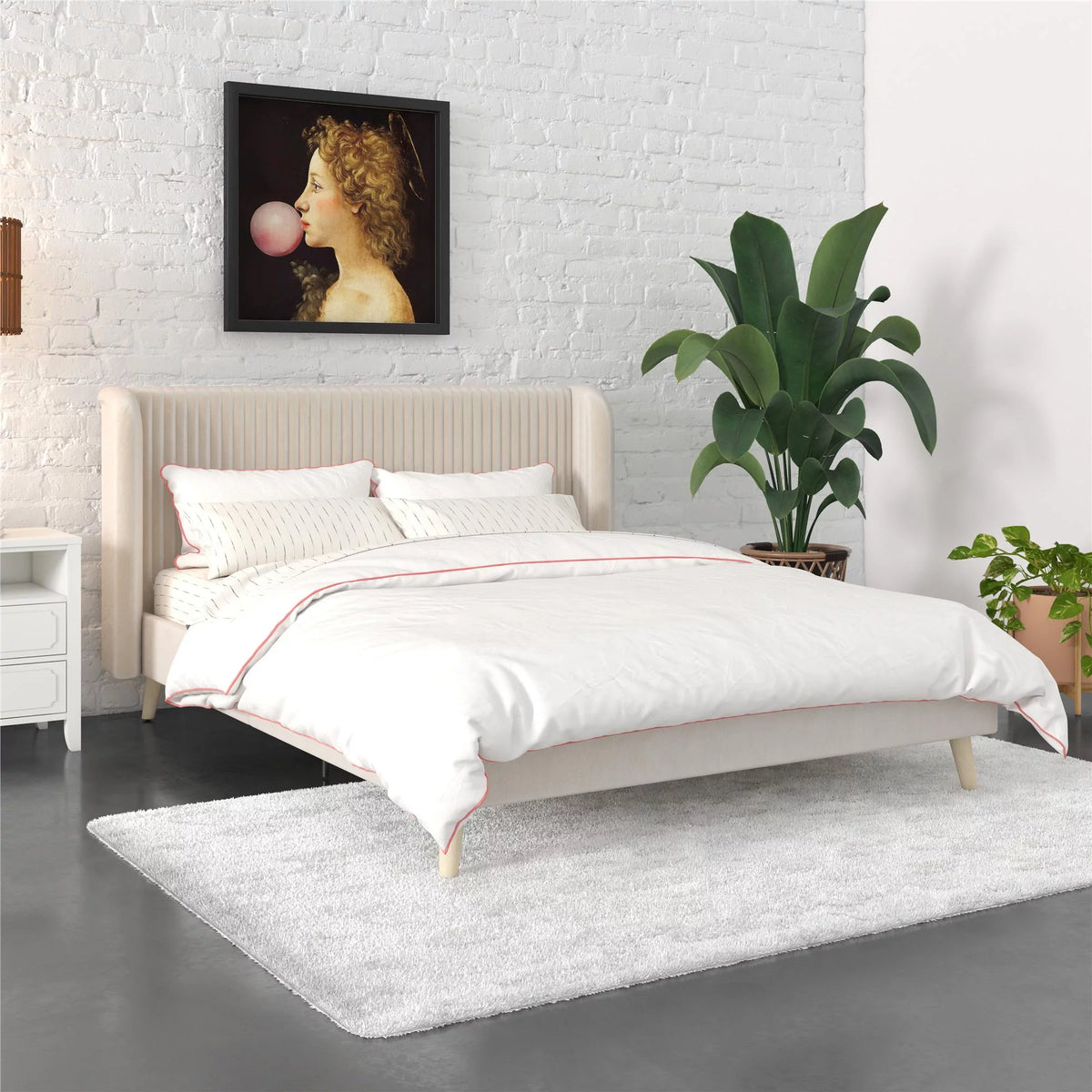 Ivory Velvet Queen Upholstered Bed I7764