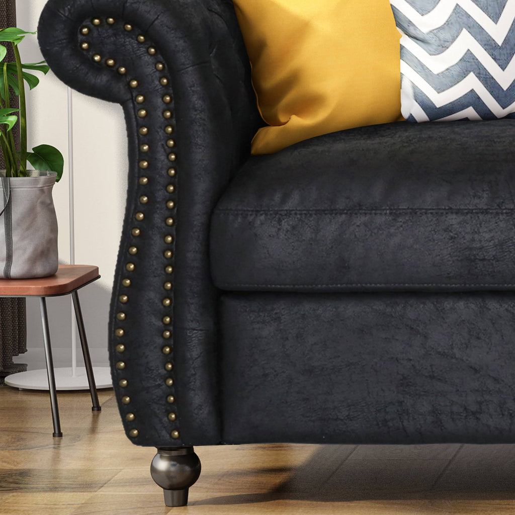 Navy Blue Tufted Microfiber Sofa with Scroll Arms S431922