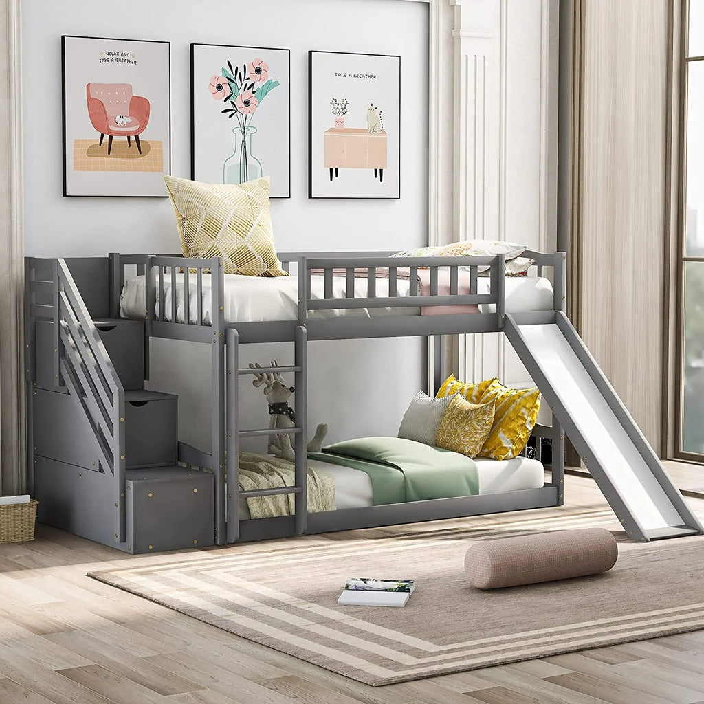 Wooden Bunk Bed with Slide and Guardrail M93030