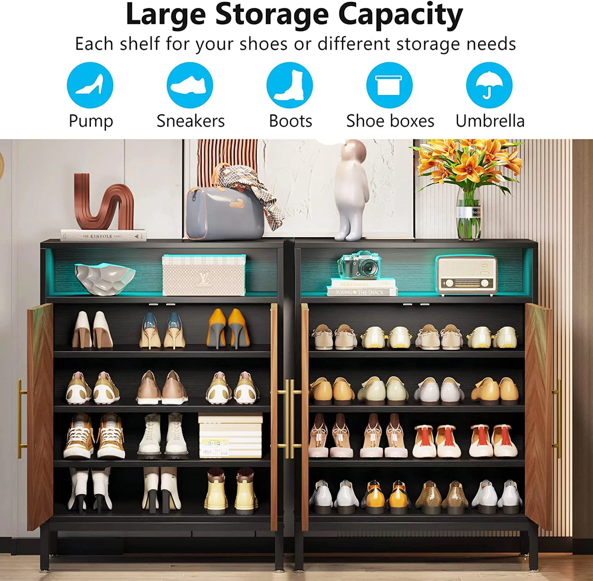 Brown 5-Tier Shoe Cabinet with Doors and Shelves W89278