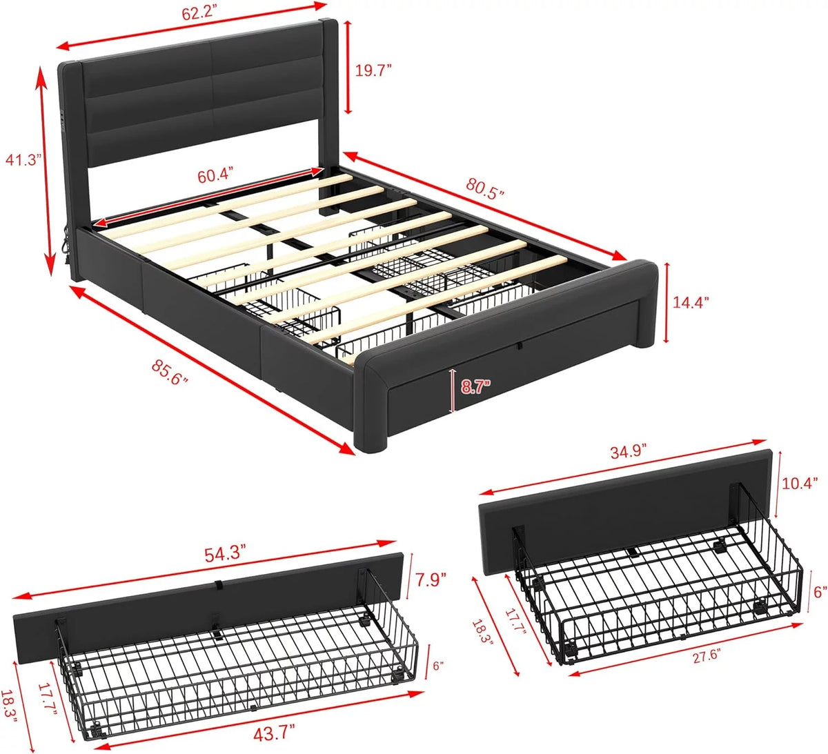 Queen Size Black Leather Upholstered Bed with Headboard and 3 Storage Drawers B565212