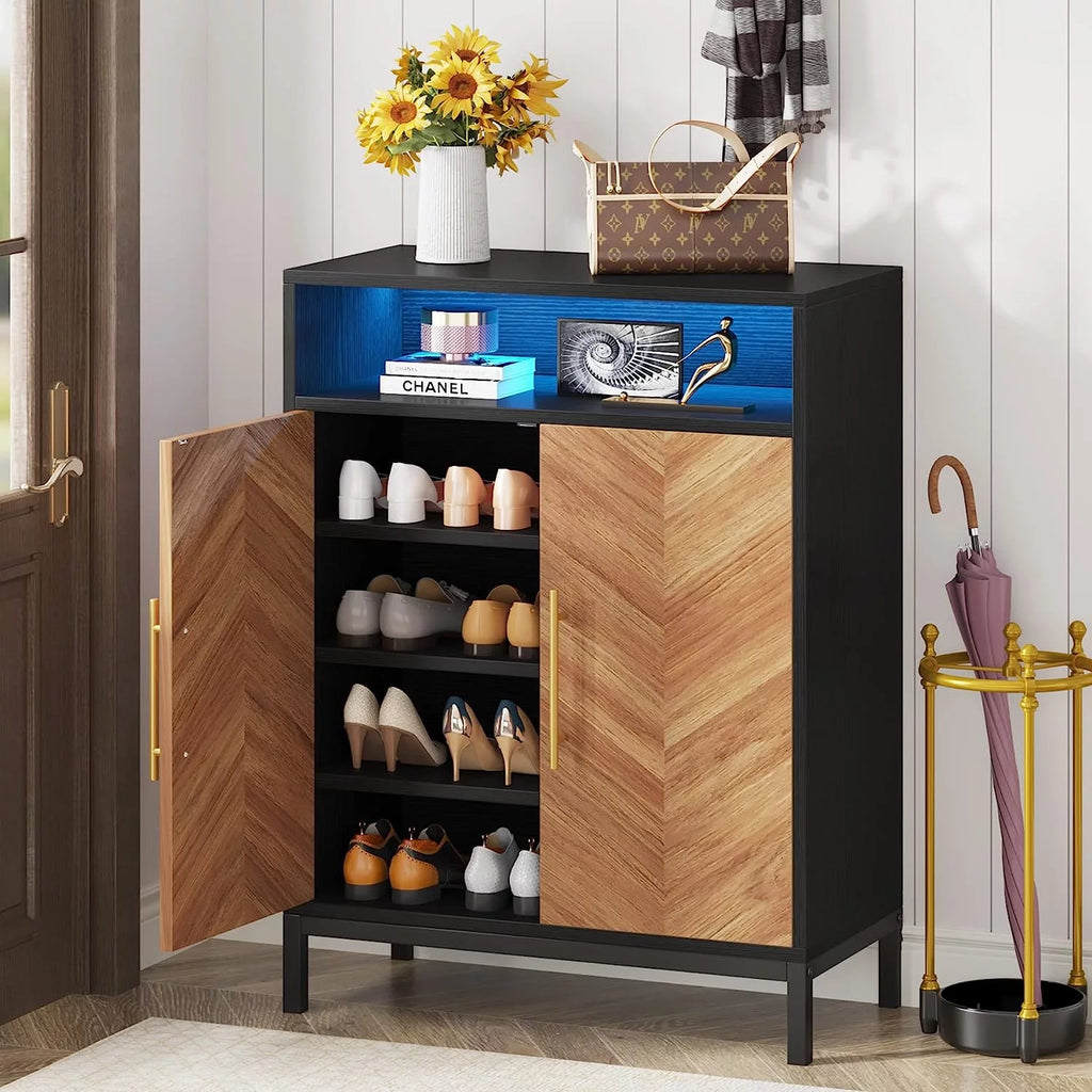 Brown 5-Tier Shoe Cabinet with Doors and Shelves W89278