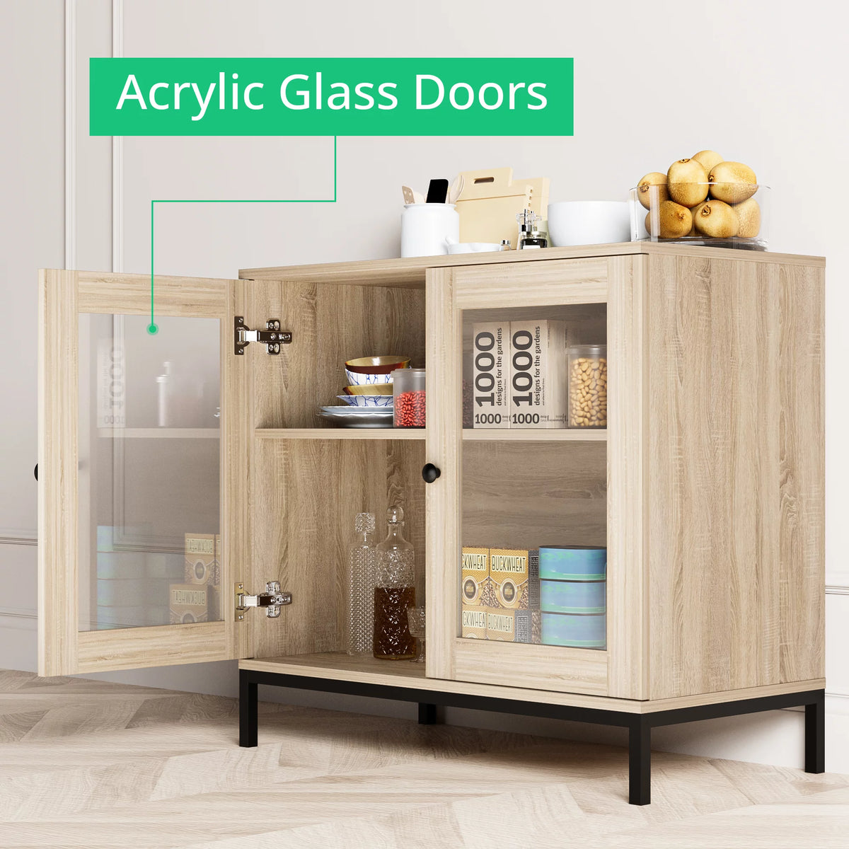 Natural Wooden Sideboard Buffet Cabinet with Acrylic Glass Doors P962