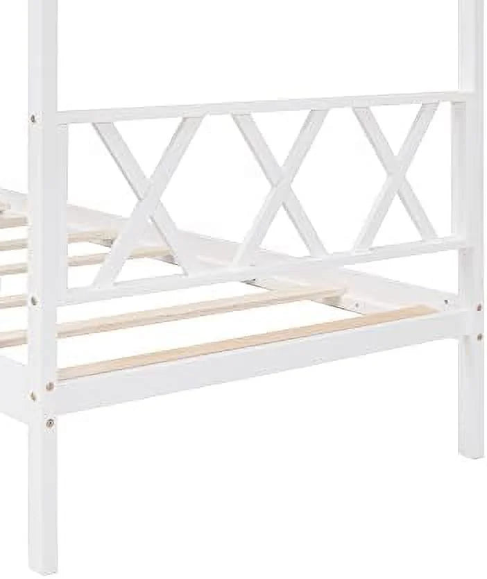 Twin Size Wood House Bed with Desk and Roof J605