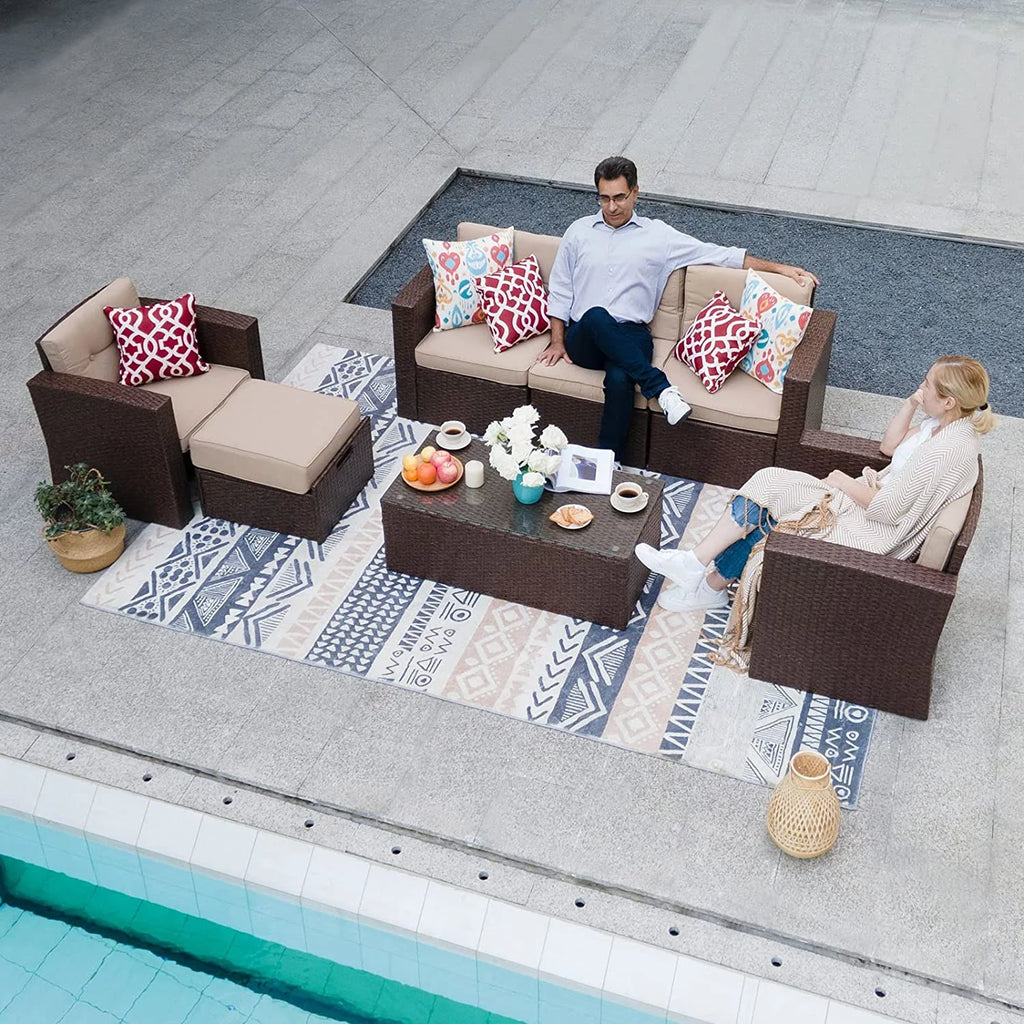 7 Piece PE Wicker Sofa Ottoman with 3 Red Pillows G886278