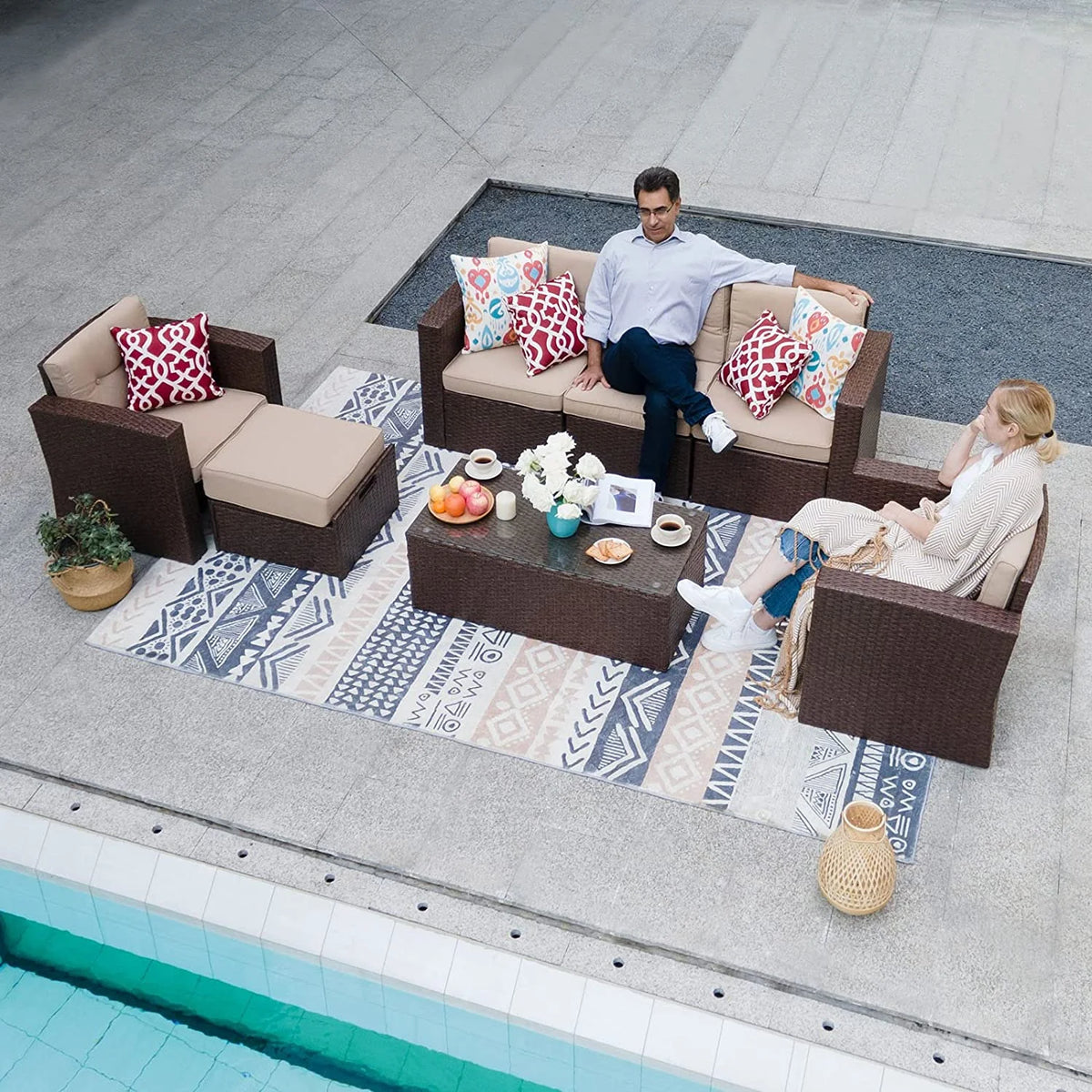 7 Piece PE Wicker Sofa Ottoman with 3 Red Pillows G886278