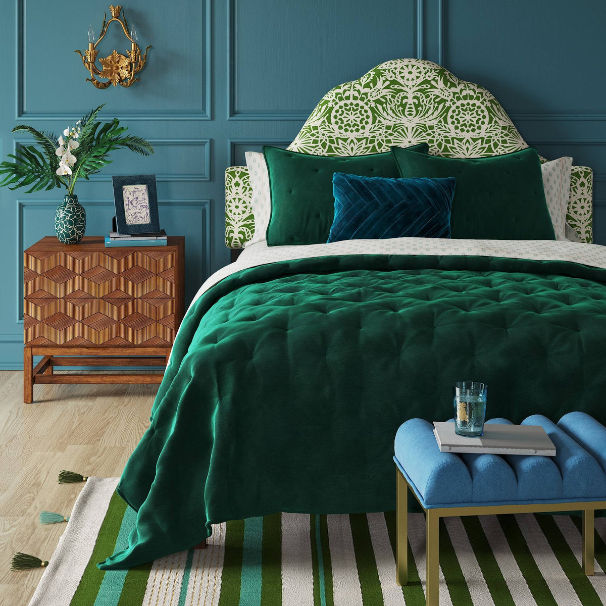 Arched Headboard Green White Floral B90244