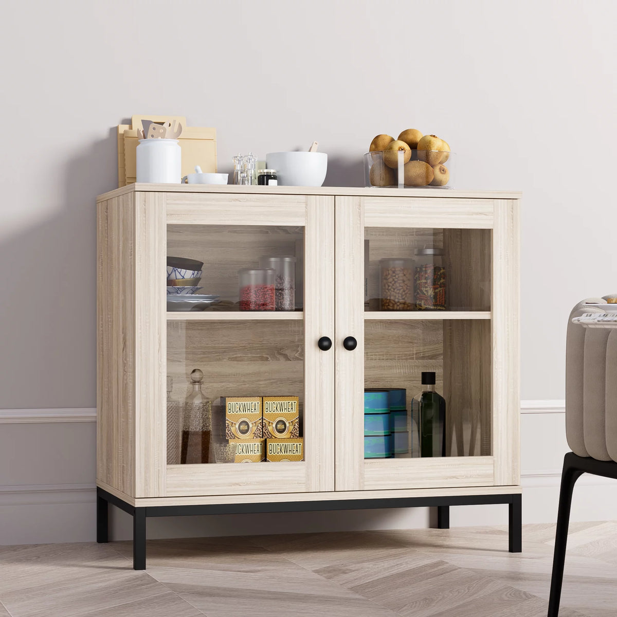Natural Wooden Sideboard Buffet Cabinet with Acrylic Glass Doors P962