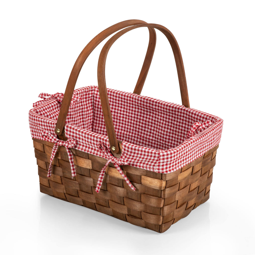 Red White Gingham Handwoven Wood Picnic Basket P42015
