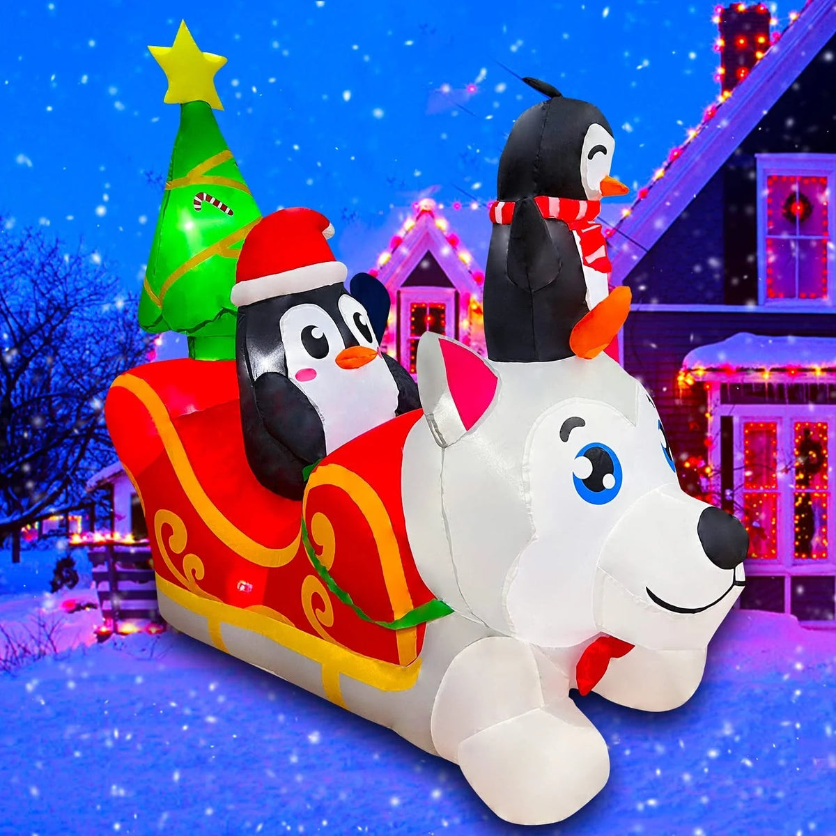 Inflatable Christmas Dog Sledding Decoration with Penguin and Christmas Tree, 5FT Y19432