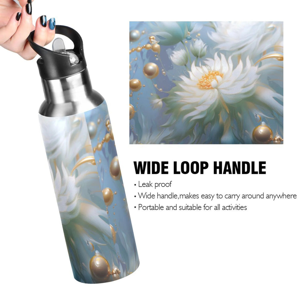 Jasmine Flowers and Pearls Insulated Stainless Steel Water Bottle with Straw Lid 20 oz G662