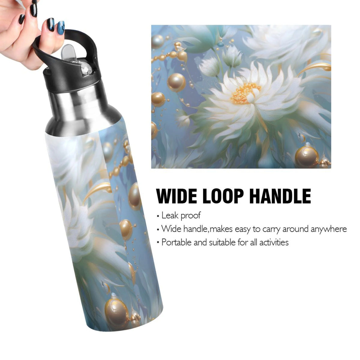 Jasmine Flowers and Pearls Insulated Stainless Steel Water Bottle with Straw Lid 20 oz G662
