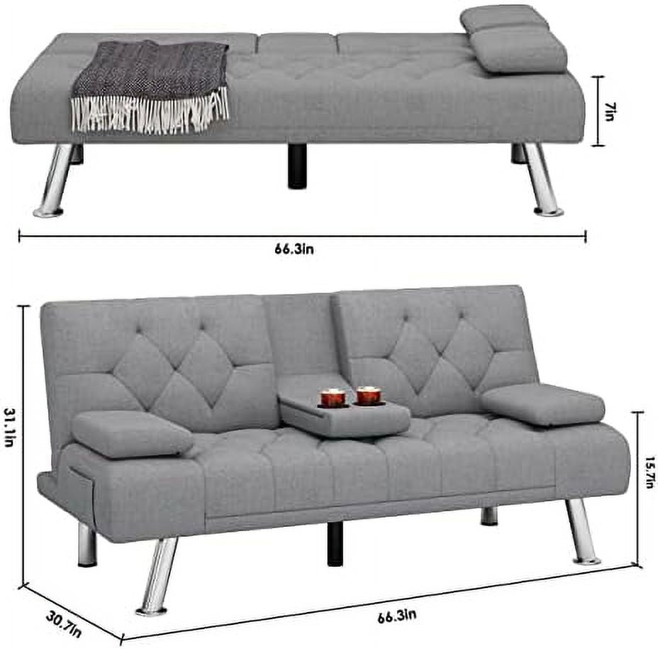 Dark Grey Upholstered Convertible Futon Sofa Bed with Removable Armrests D685