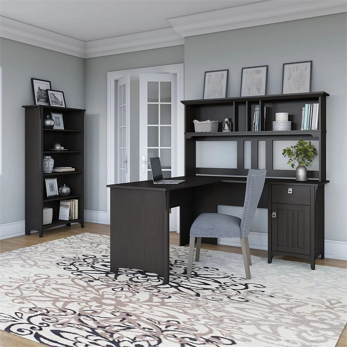 60W L Shaped Desk with Hutch and Bookcase O182155