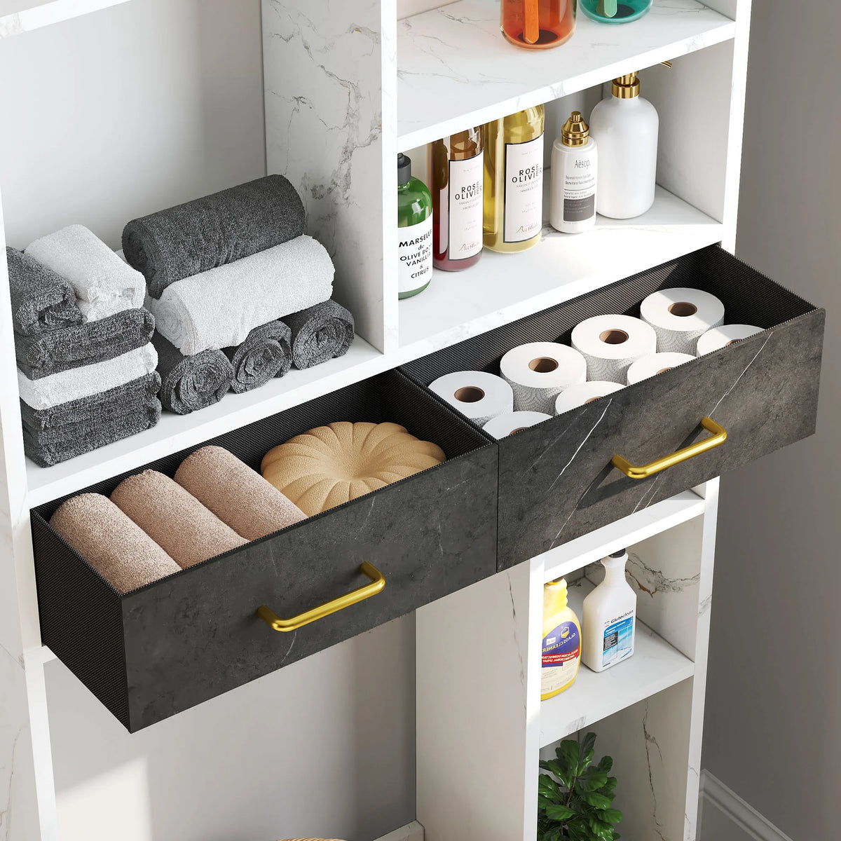 White Over The Toilet Storage Cabinet with Drawers and Adjustable Shelf I596
